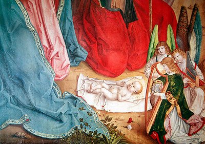 Adoration of the Shepherds (detail), Far Left Panel from the Retable on the High Altar, 1480 by Master of the Carnation